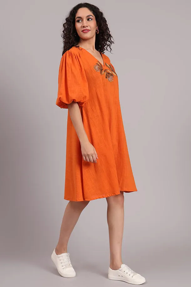 Breezy Bloom Embroidered Cotton Dress  Burnt Orange
