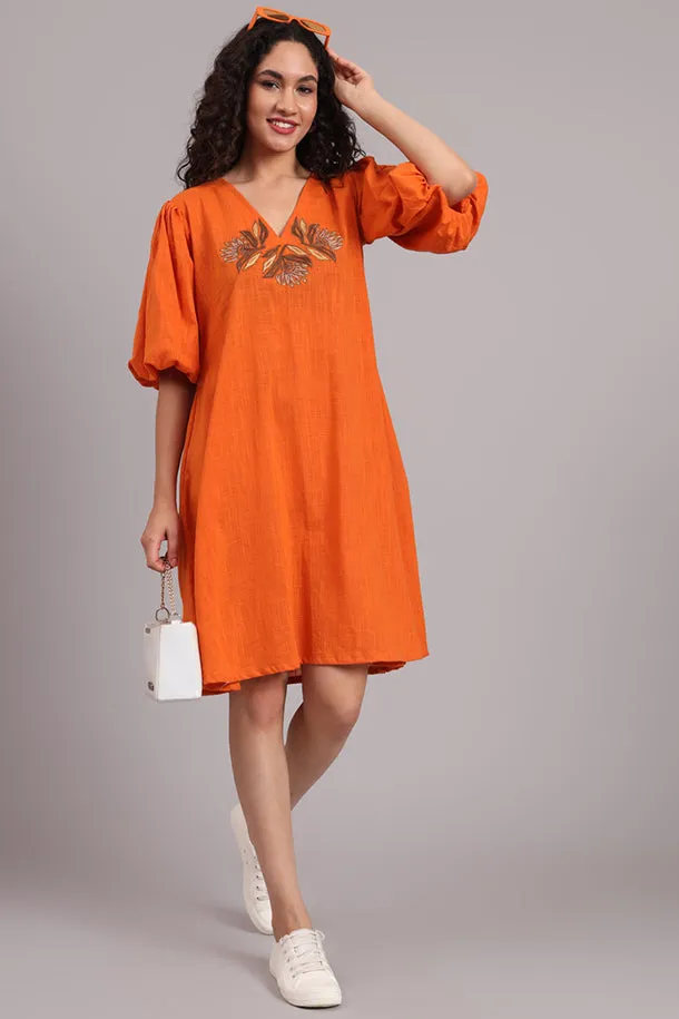 Breezy Bloom Embroidered Cotton Dress  Burnt Orange