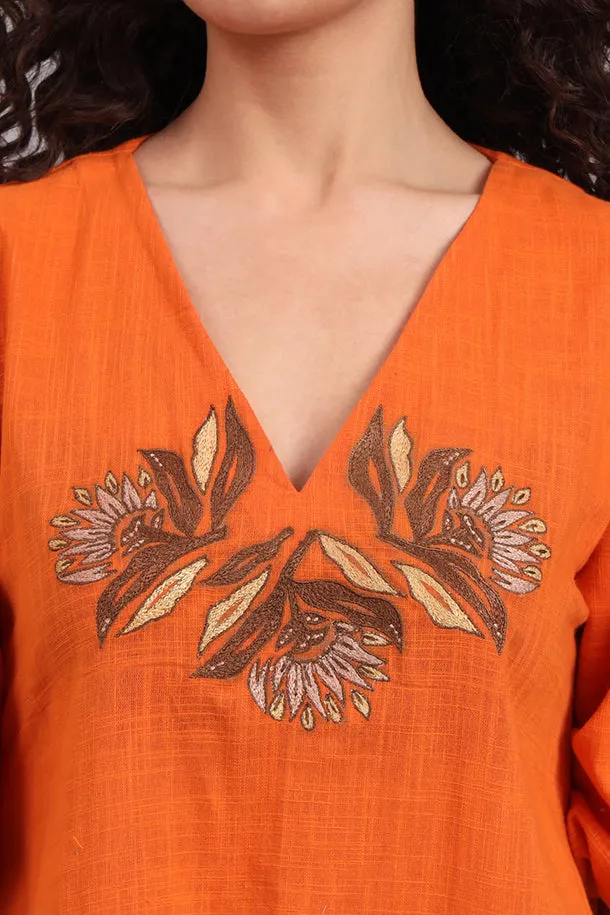 Breezy Bloom Embroidered Cotton Dress  Burnt Orange