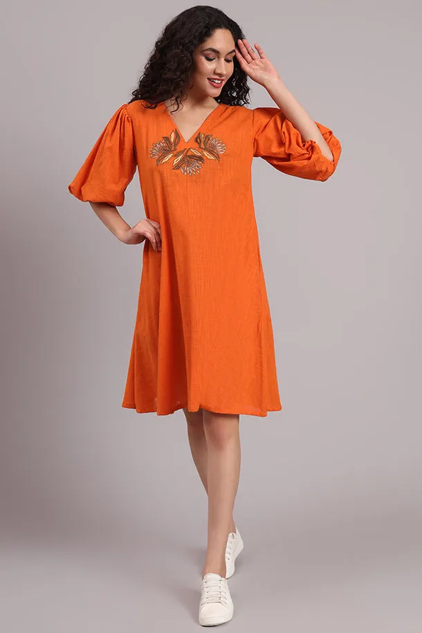 Breezy Bloom Embroidered Cotton Dress  Burnt Orange