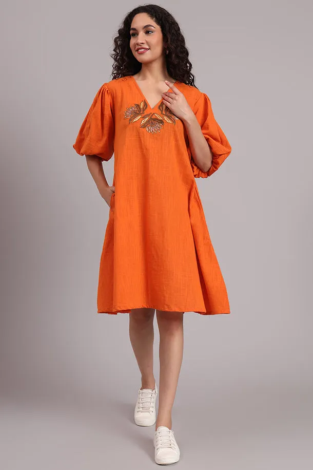 Breezy Bloom Embroidered Cotton Dress  Burnt Orange