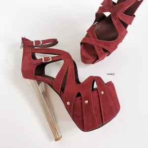 Burgundy Suede Cage Metallic Ankle Heels