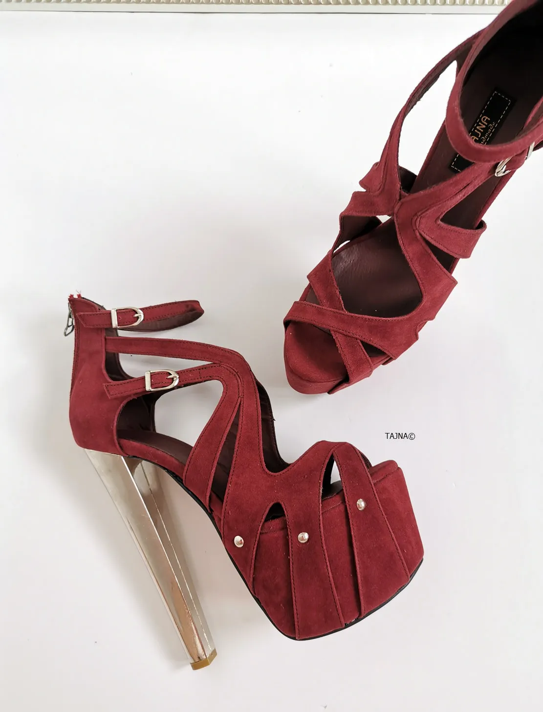 Burgundy Suede Cage Metallic Ankle Heels