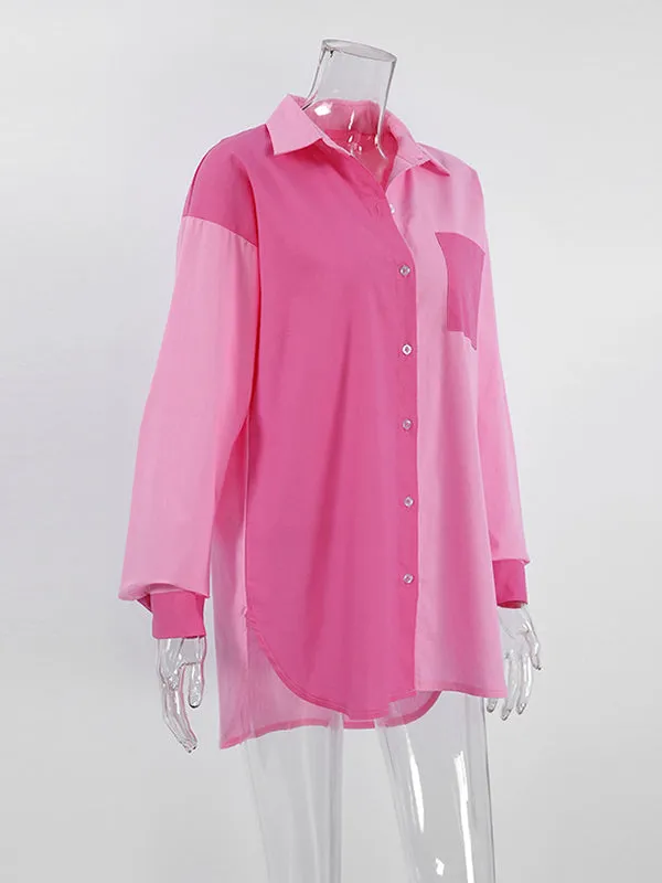 Buttoned Contrast Color Pockets Split-side High-low Long Sleeves Lapel Blouses&shirts Tops