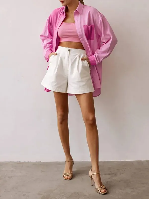 Buttoned Contrast Color Pockets Split-side High-low Long Sleeves Lapel Blouses&shirts Tops