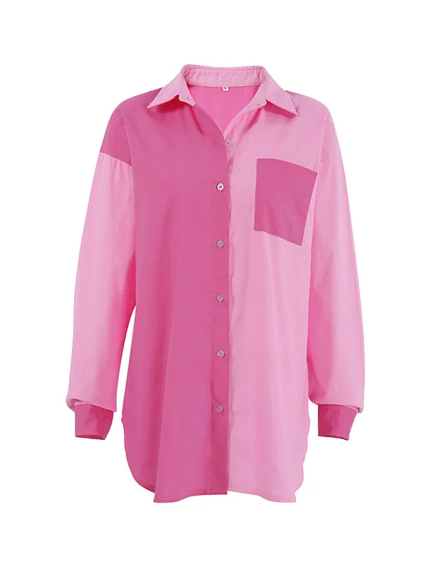 Buttoned Contrast Color Pockets Split-side High-low Long Sleeves Lapel Blouses&shirts Tops