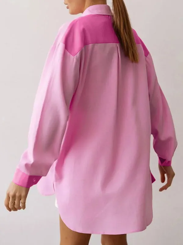 Buttoned Contrast Color Pockets Split-side High-low Long Sleeves Lapel Blouses&shirts Tops