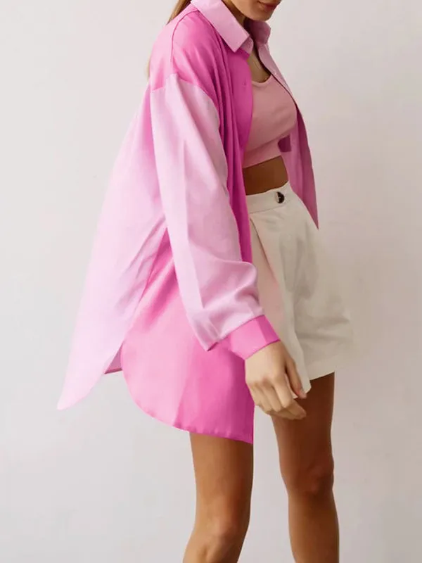 Buttoned Contrast Color Pockets Split-side High-low Long Sleeves Lapel Blouses&shirts Tops