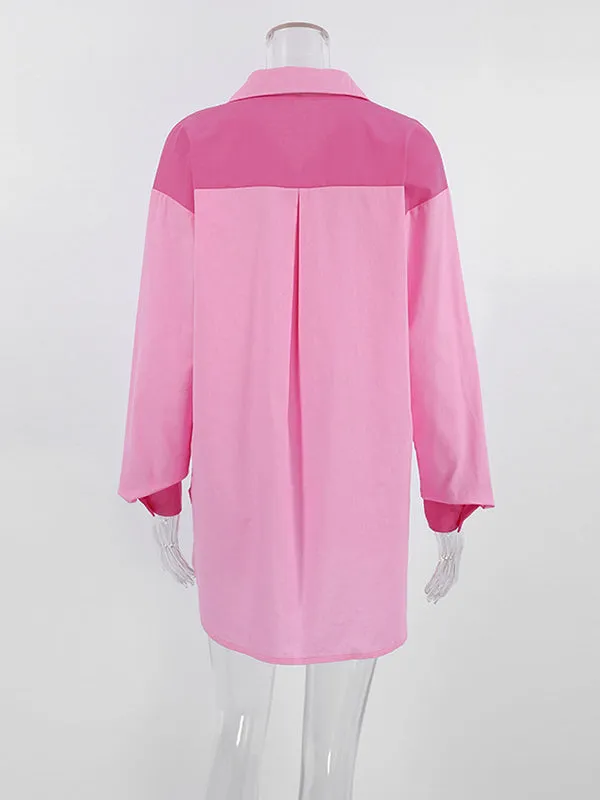Buttoned Contrast Color Pockets Split-side High-low Long Sleeves Lapel Blouses&shirts Tops