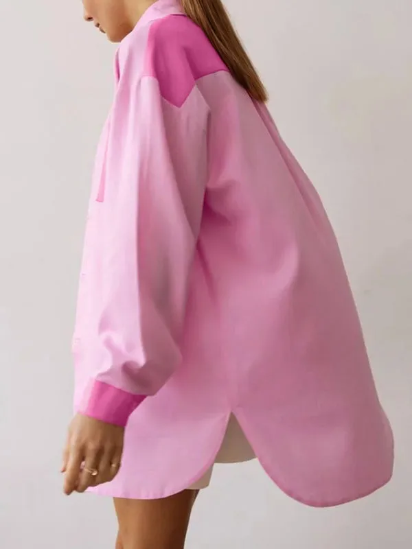 Buttoned Contrast Color Pockets Split-side High-low Long Sleeves Lapel Blouses&shirts Tops