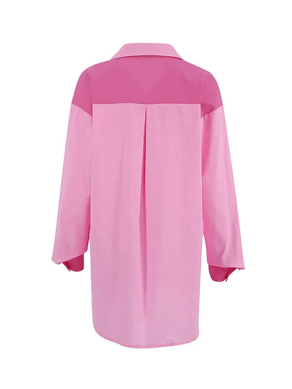 Buttoned Contrast Color Pockets Split-side High-low Long Sleeves Lapel Blouses&shirts Tops