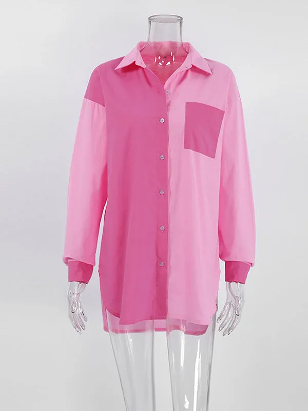 Buttoned Contrast Color Pockets Split-side High-low Long Sleeves Lapel Blouses&shirts Tops