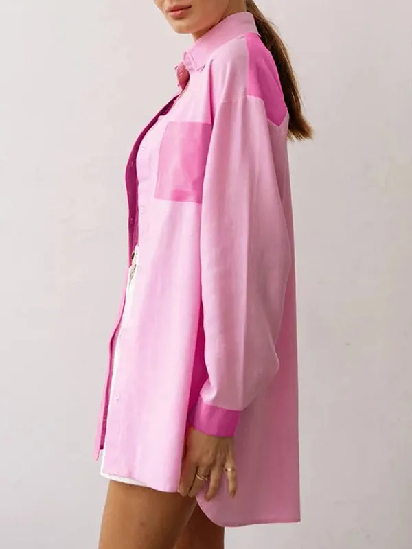 Buttoned Contrast Color Pockets Split-side High-low Long Sleeves Lapel Blouses&shirts Tops