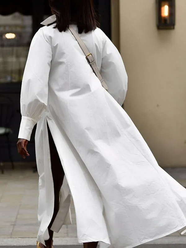 Buttoned Pockets Solid Color Long Sleeves Loose Lapel Shirt Dress Maxi Dresses