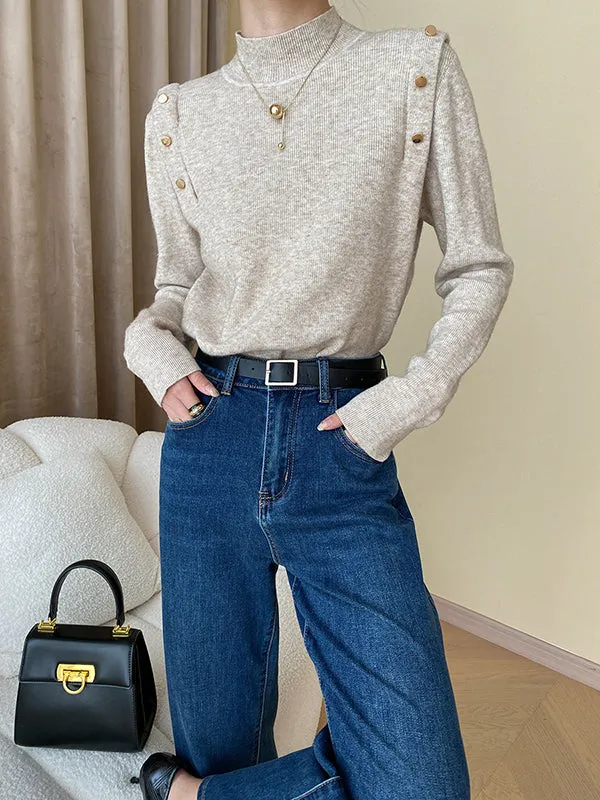 Buttoned Split-Joint Long Sleeves High-Neck Sweater Tops