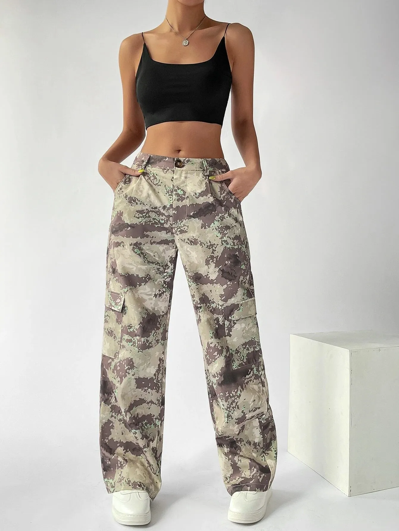 Camo Button Flap Pocket Cargo Pants
