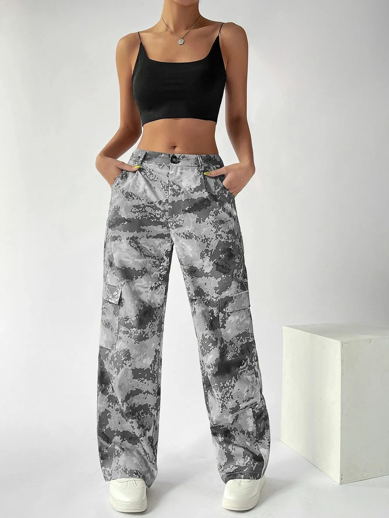Camo Button Flap Pocket Cargo Pants