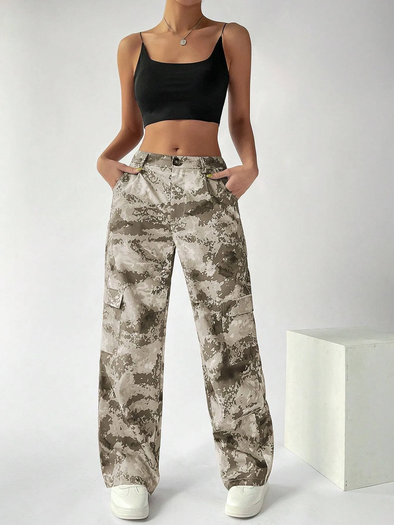 Camo Button Flap Pocket Cargo Pants