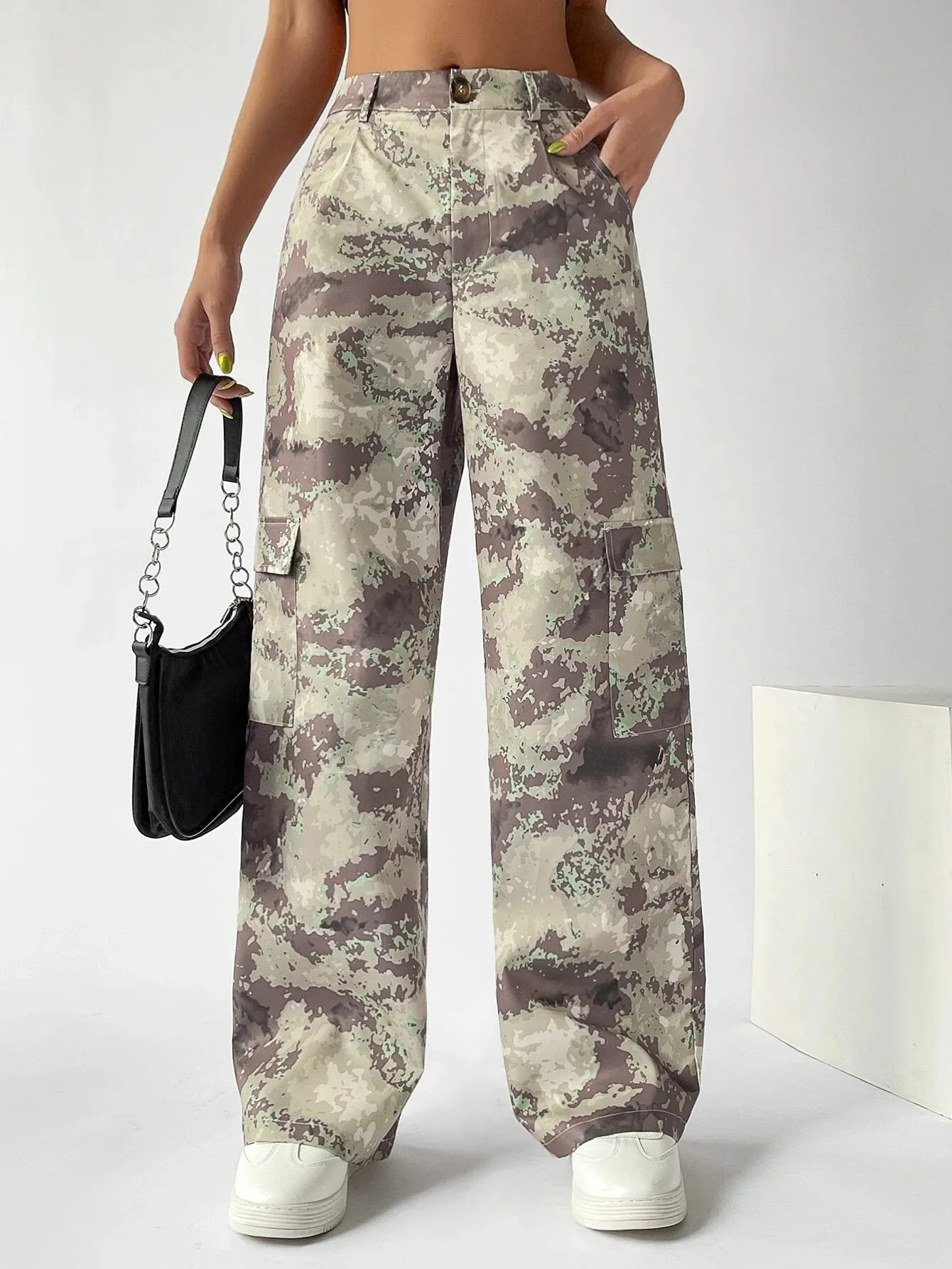 Camo Button Flap Pocket Cargo Pants