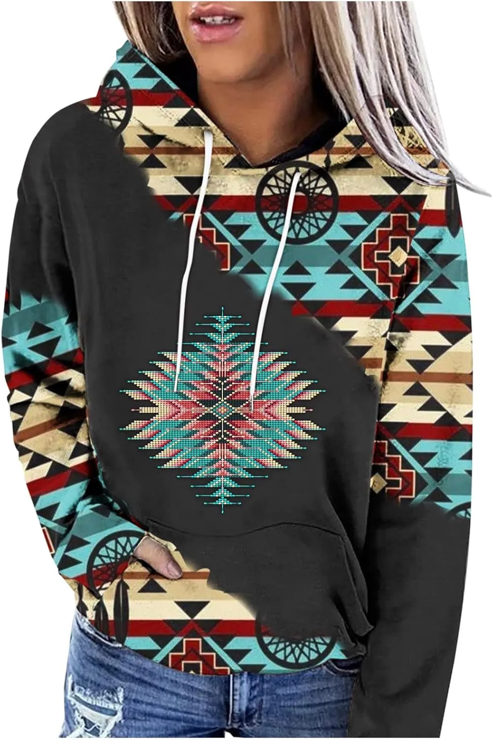 Ceboyel Women Western Aztec Hoodies Fashion Sweatshirt Pullover Ethnic Vintage Graphic Shirts Tops Causal Fall Clothes