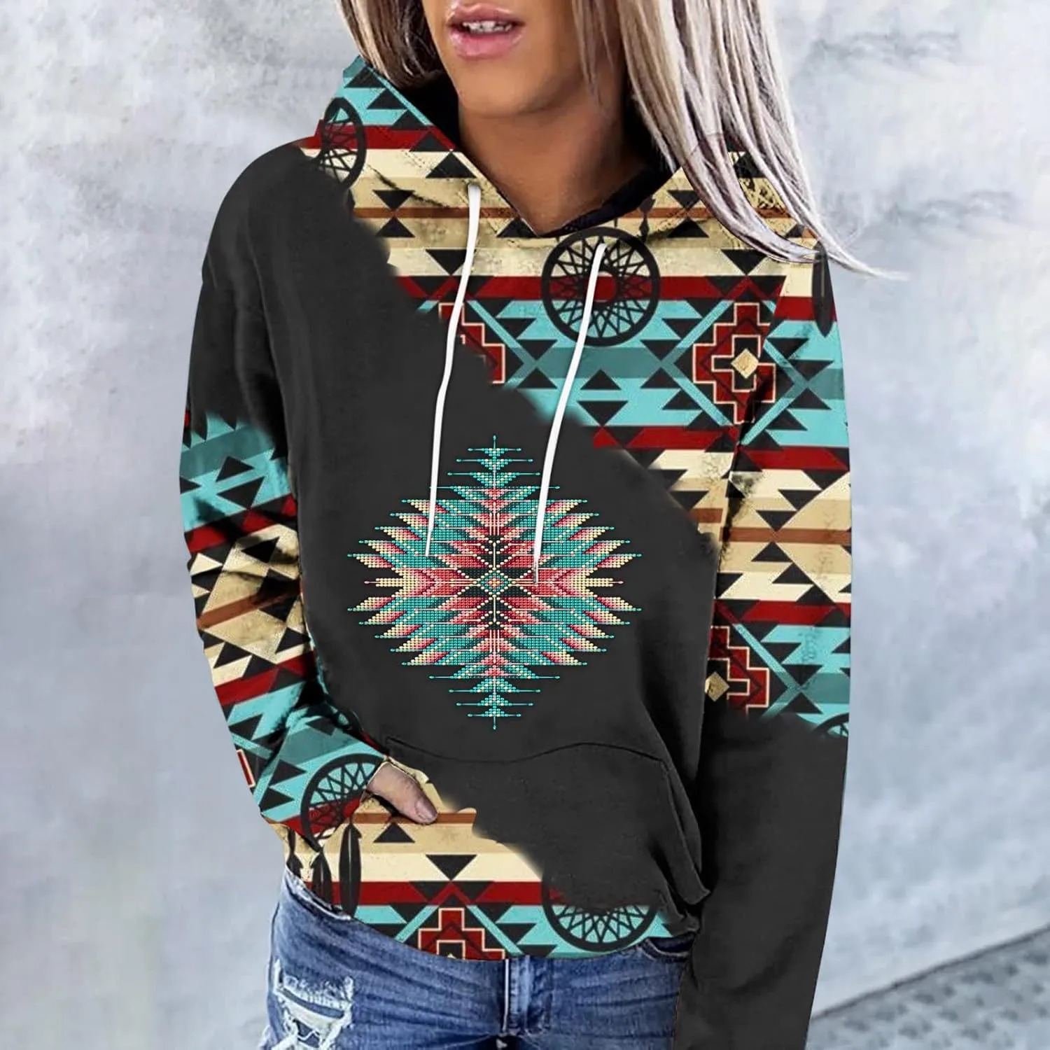 Ceboyel Women Western Aztec Hoodies Fashion Sweatshirt Pullover Ethnic Vintage Graphic Shirts Tops Causal Fall Clothes