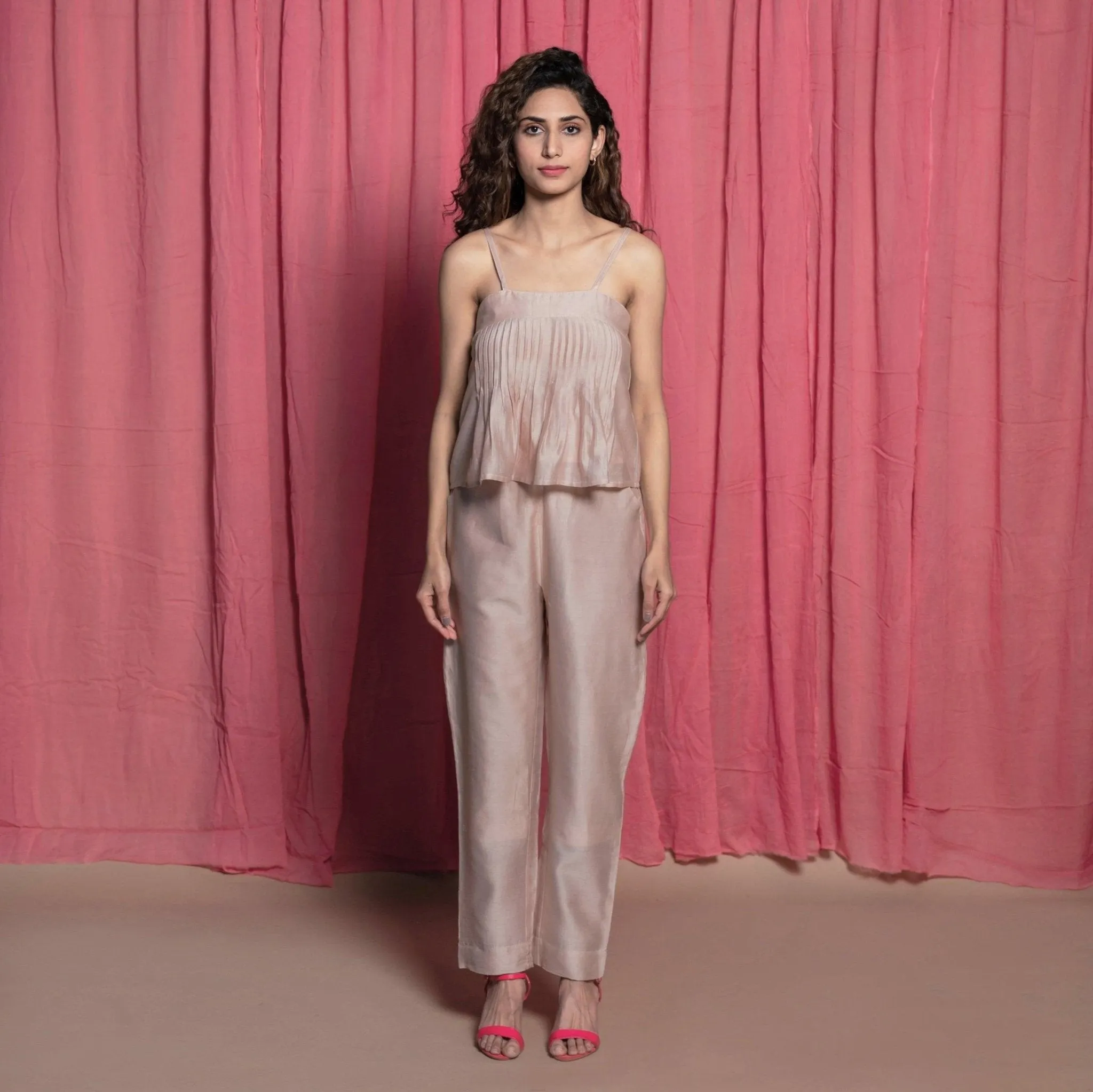 Champagne 100% Cotton Chanderi Flared Crop Top
