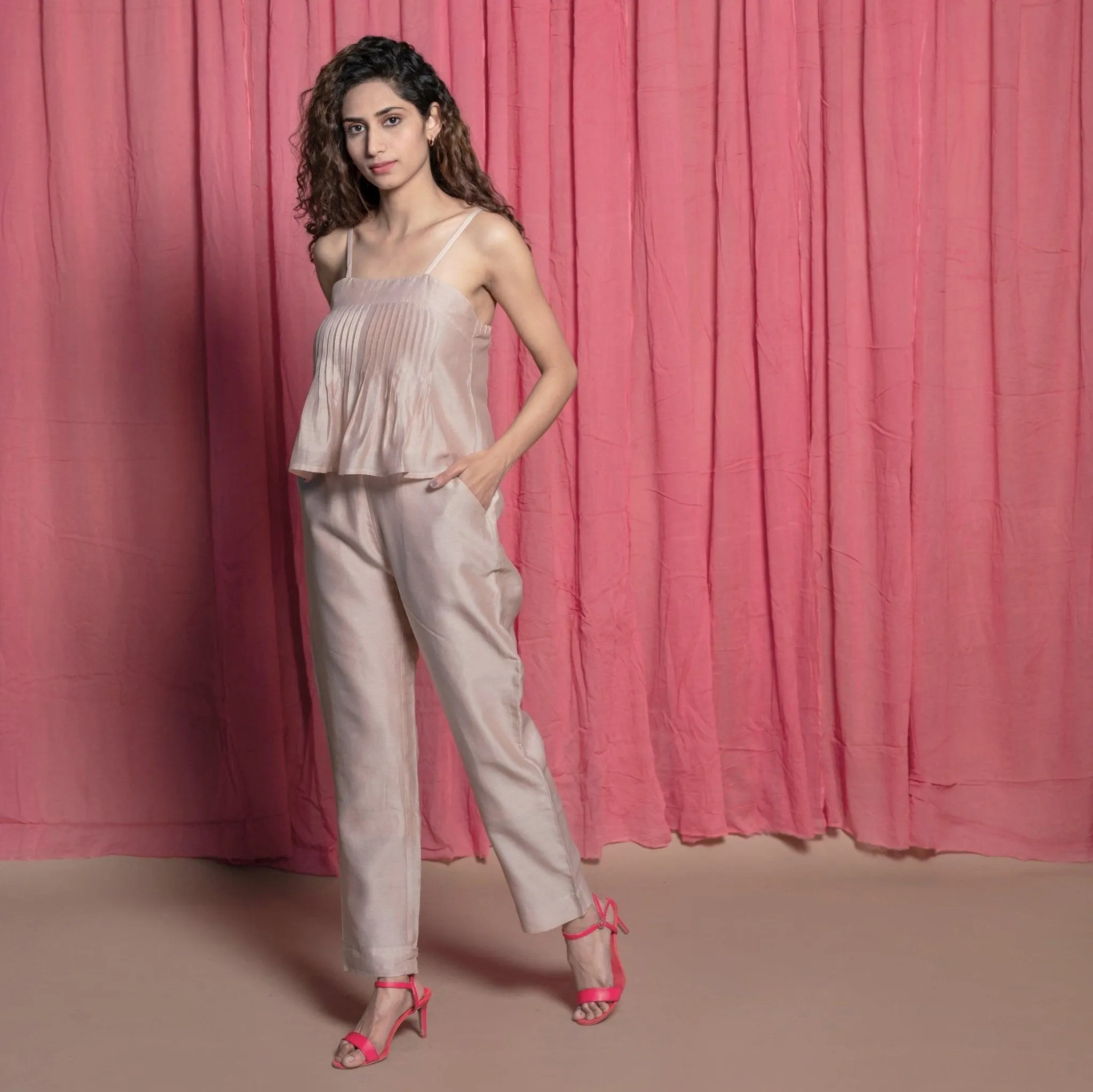 Champagne 100% Cotton Chanderi Flared Crop Top