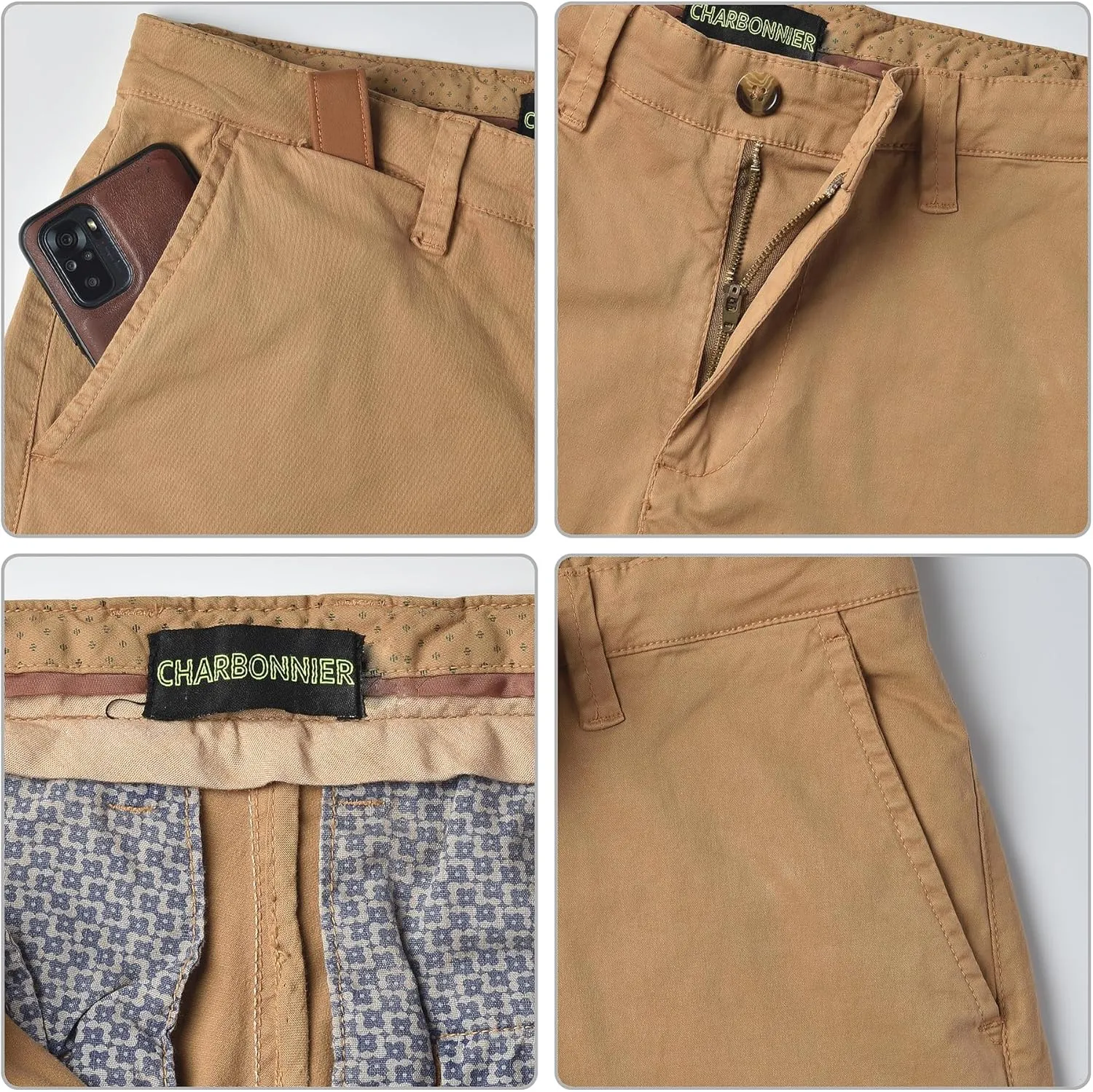 CHARBONNIER Mens Slim fit Chinos Pants, Flat Front Design and Back Buttoned Pockets, Comfortable Mens Pants for Casual wear
