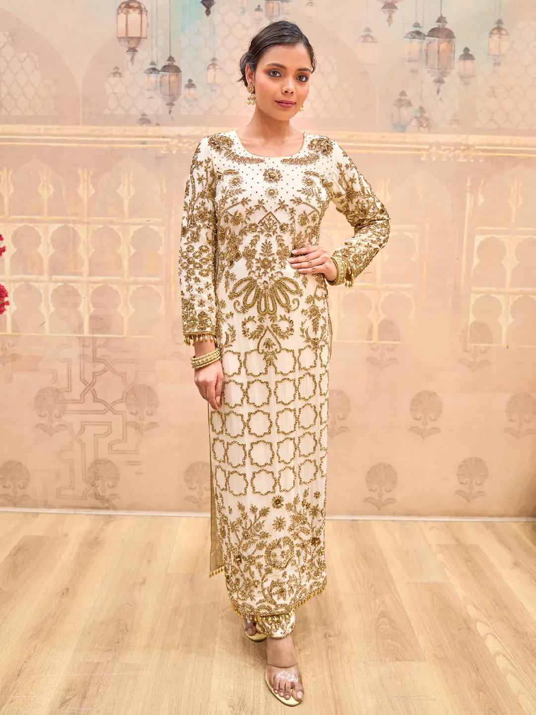 Charming Georgette Cream Kurta Set