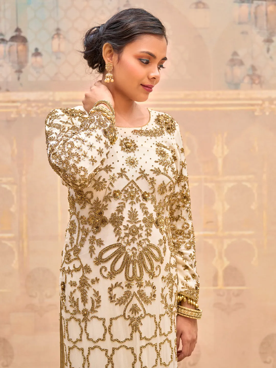 Charming Georgette Cream Kurta Set