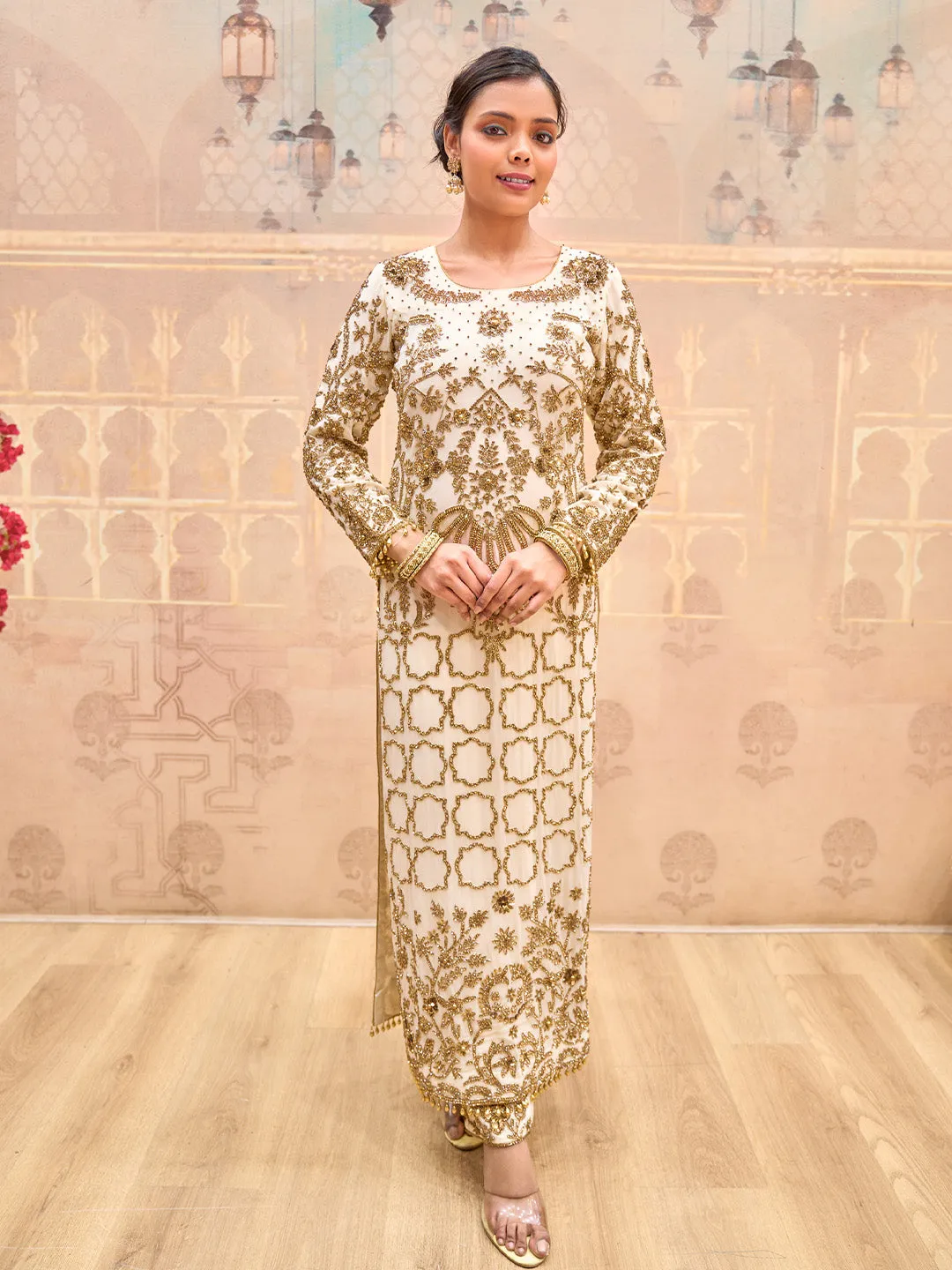 Charming Georgette Cream Kurta Set