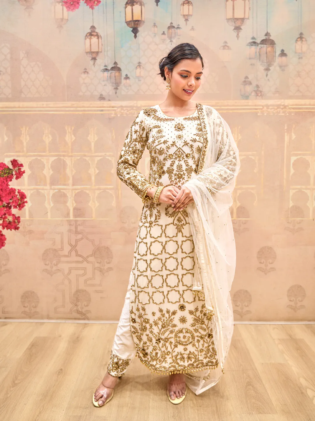 Charming Georgette Cream Kurta Set