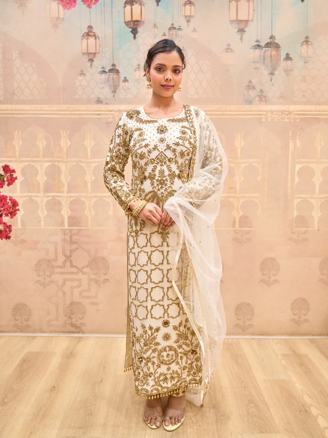 Charming Georgette Cream Kurta Set