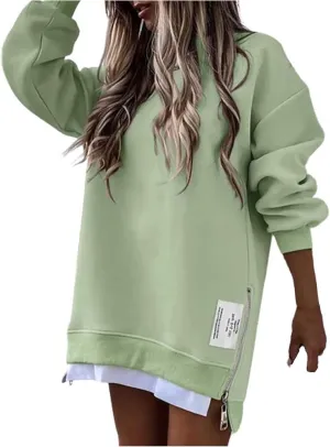 Chic Me Womens Long Sleeve Zipper Slit Sweatshirt Casual Loose Oversized Pullover Zipper Trendy Hoodies