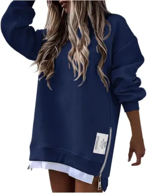 Chic Me Womens Long Sleeve Zipper Slit Sweatshirt Casual Loose Oversized Pullover Zipper Trendy Hoodies
