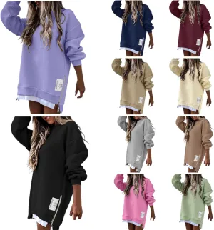 Chic Me Womens Long Sleeve Zipper Slit Sweatshirt Casual Loose Oversized Pullover Zipper Trendy Hoodies