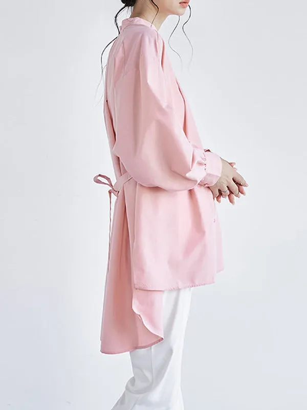 Chicmy-Ribbed Solid Color High-low Long Sleeves Stand Collar Blouses&shirts Tops