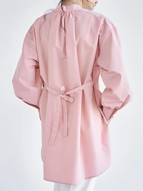Chicmy-Ribbed Solid Color High-low Long Sleeves Stand Collar Blouses&shirts Tops