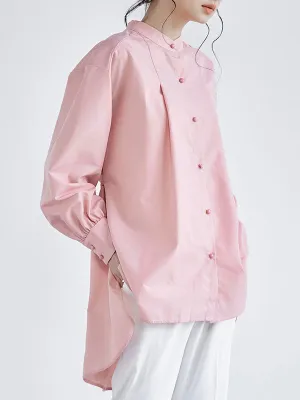 Chicmy-Ribbed Solid Color High-low Long Sleeves Stand Collar Blouses&shirts Tops