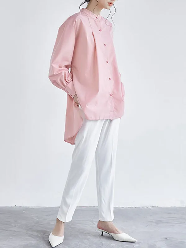 Chicmy-Ribbed Solid Color High-low Long Sleeves Stand Collar Blouses&shirts Tops