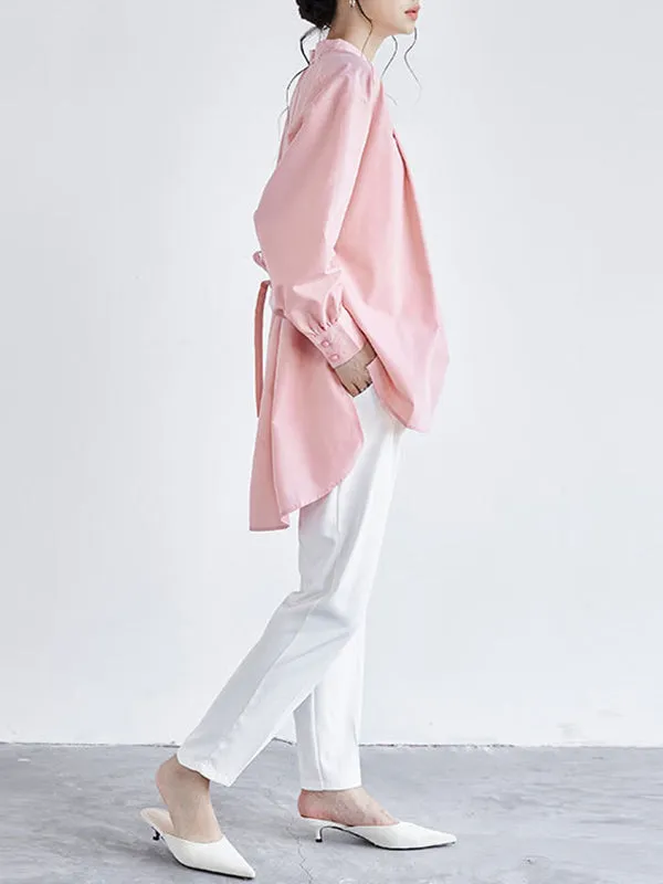 Chicmy-Ribbed Solid Color High-low Long Sleeves Stand Collar Blouses&shirts Tops