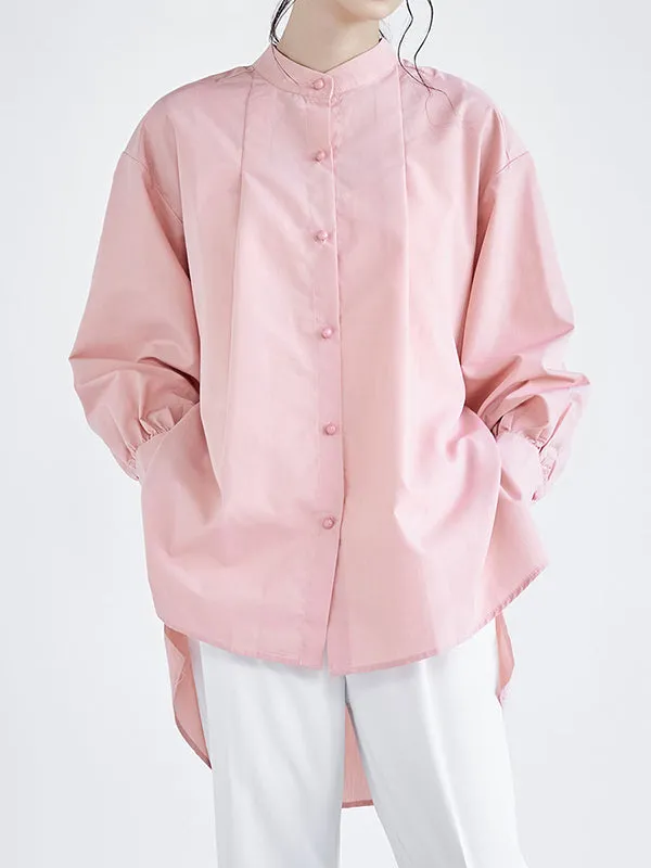 Chicmy-Ribbed Solid Color High-low Long Sleeves Stand Collar Blouses&shirts Tops