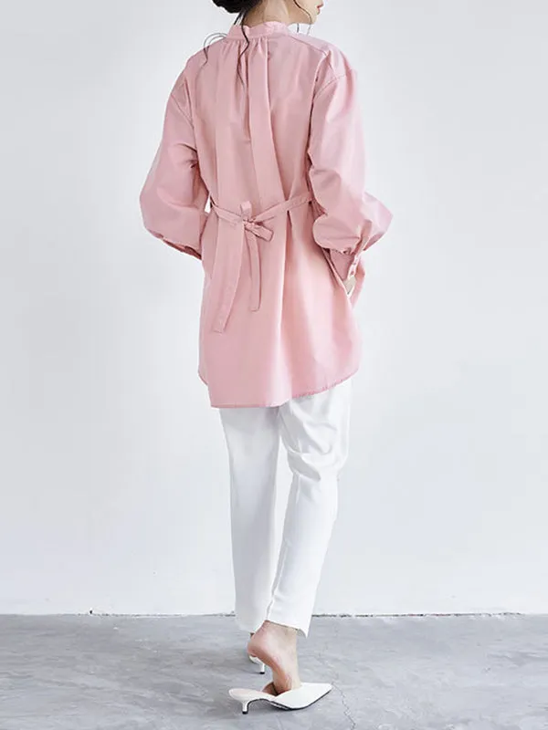 Chicmy-Ribbed Solid Color High-low Long Sleeves Stand Collar Blouses&shirts Tops