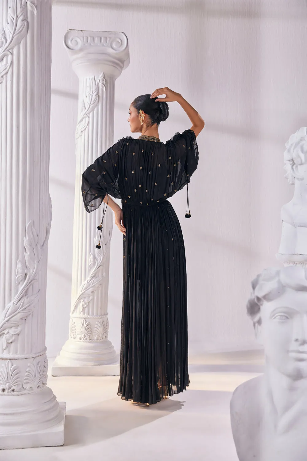 Chiffon Kaftan Dress Featuring An Emroidered Plunging Neckline.