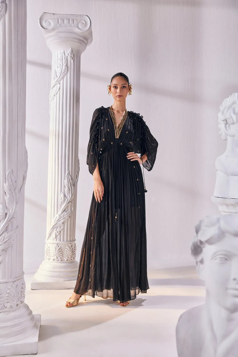 Chiffon Kaftan Dress Featuring An Emroidered Plunging Neckline.