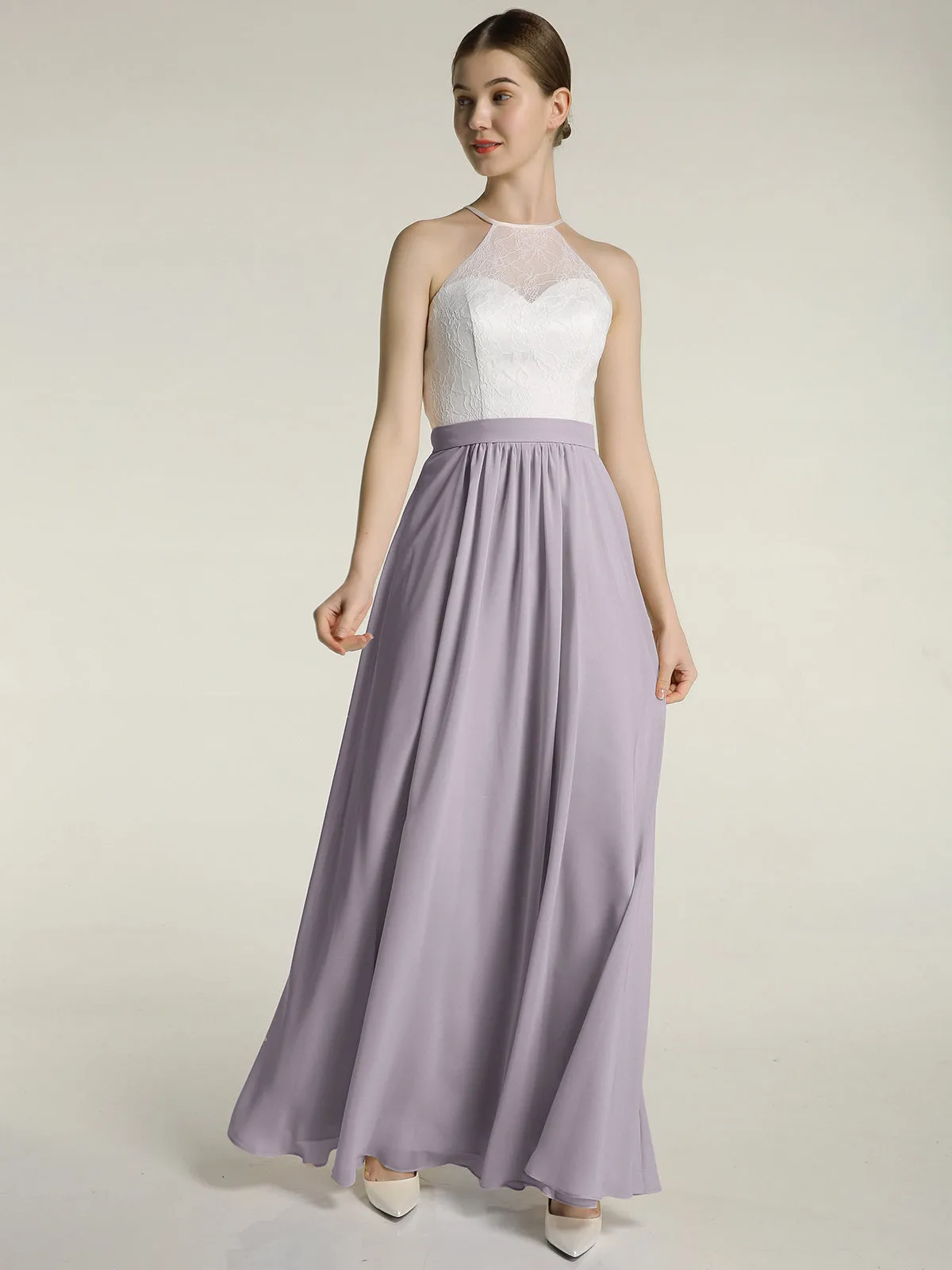 Chiffon Long Dresses with Ivory Lace Bodice-Dusk