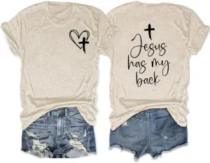 Christian T Shirts for Women Jesus Has My Back Graphic Tees Religious Faith Inspirational Tshirts Casual Tops