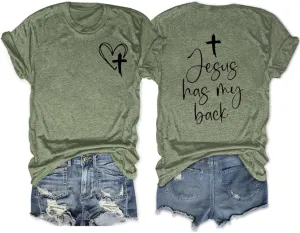 Christian T Shirts for Women Jesus Has My Back Graphic Tees Religious Faith Inspirational Tshirts Casual Tops
