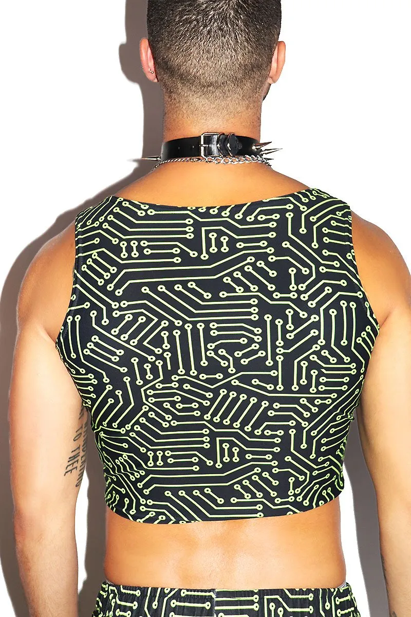Circuit Board All Over Print Fitted Crop Tank- Green