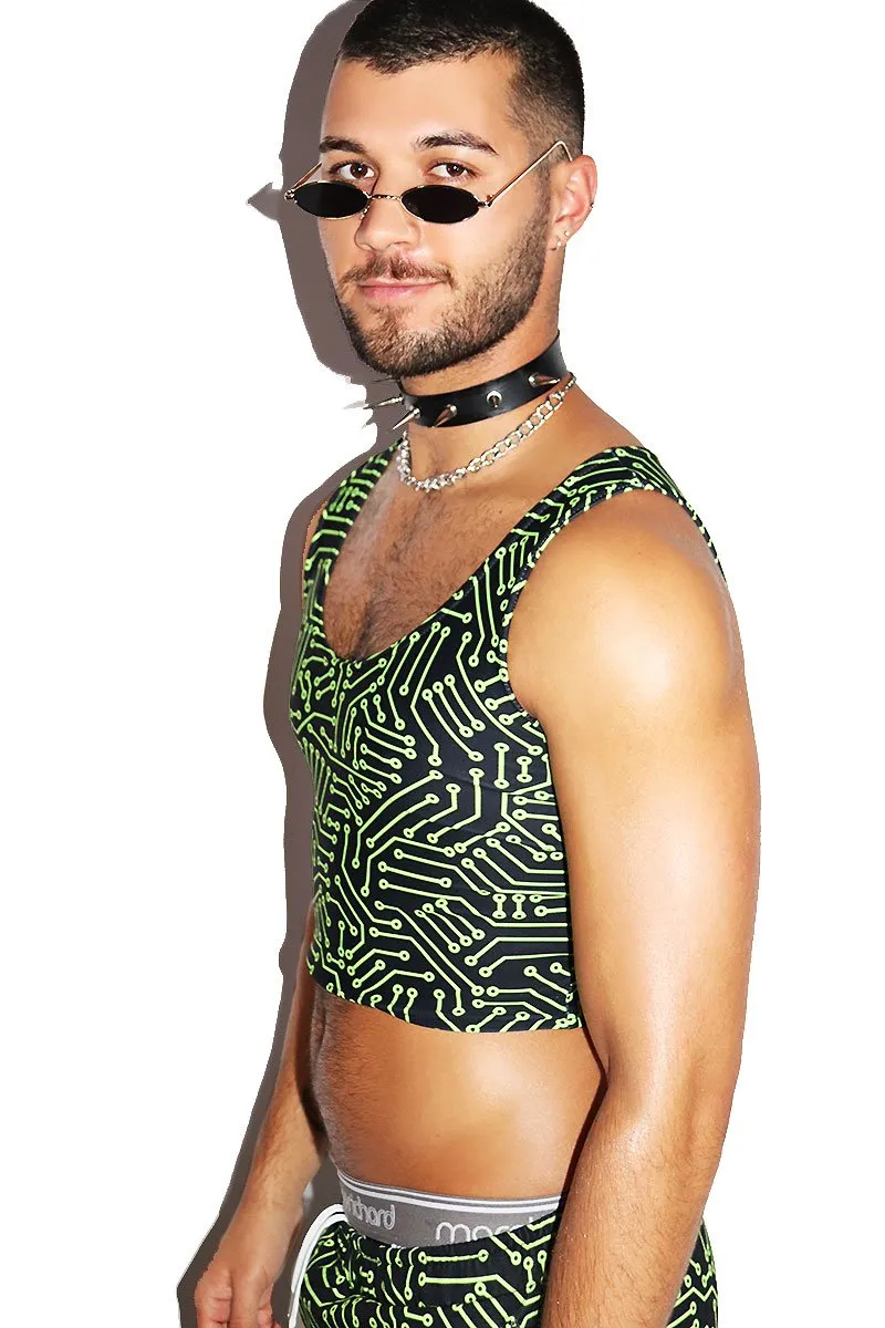 Circuit Board All Over Print Fitted Crop Tank- Green